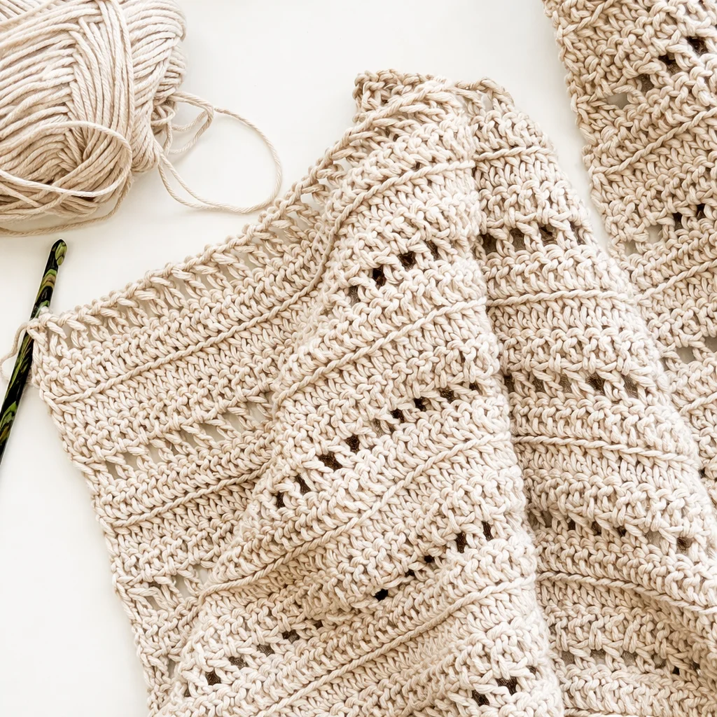 Person crocheting a colorful blanket to improve crochet skills.