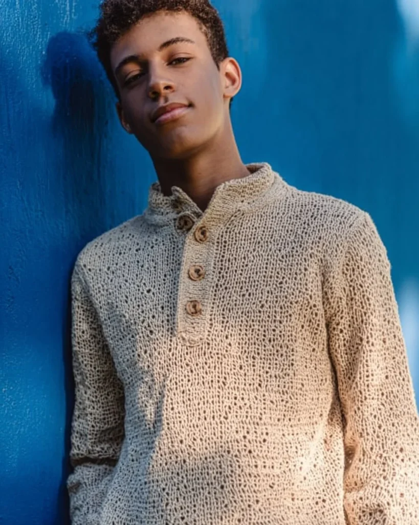 Bramley Sweater crochet pattern for men showcasing stylish design.