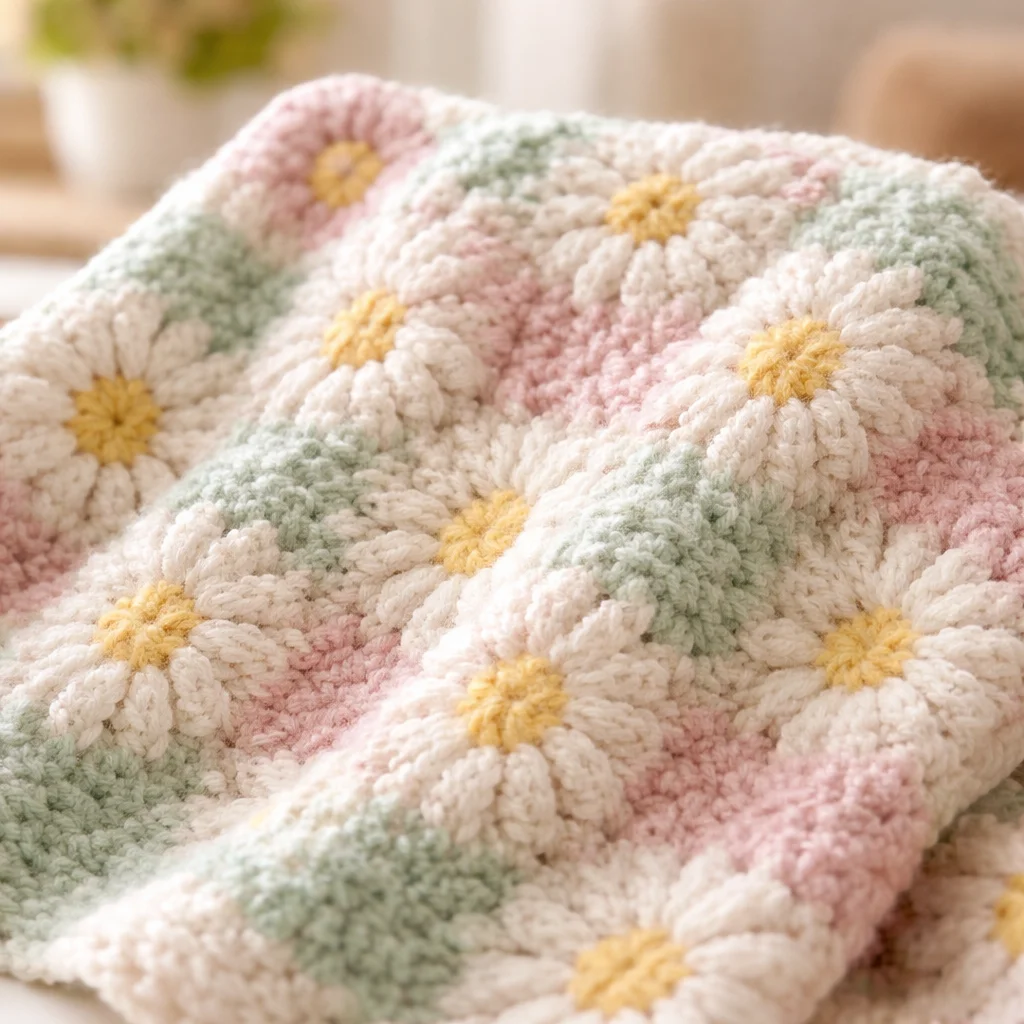 A cozy crochet baby blanket showcasing various free patterns for beginners.