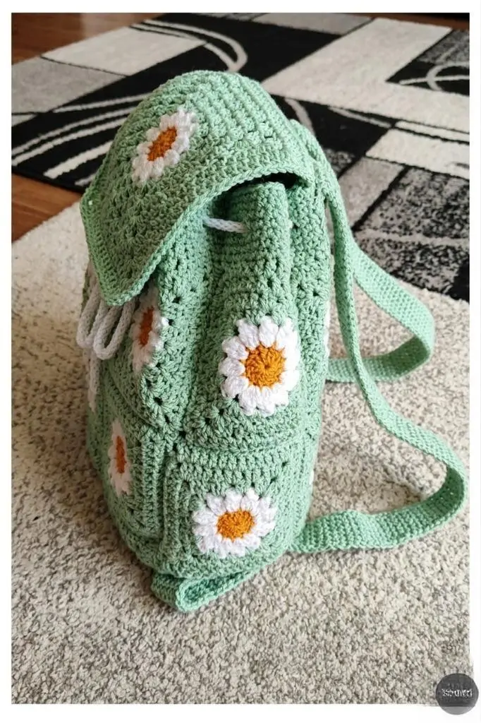 Close-up front view of a mint green crochet daisy backpack with white flower granny squares and a tassel drawstring.