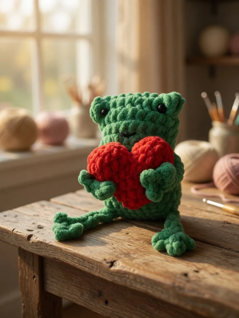 leggy frog crochet pattern free, no sew crochet frog, crochet frog keychain pattern, beginner amigurumi frog, crochet frog with heart