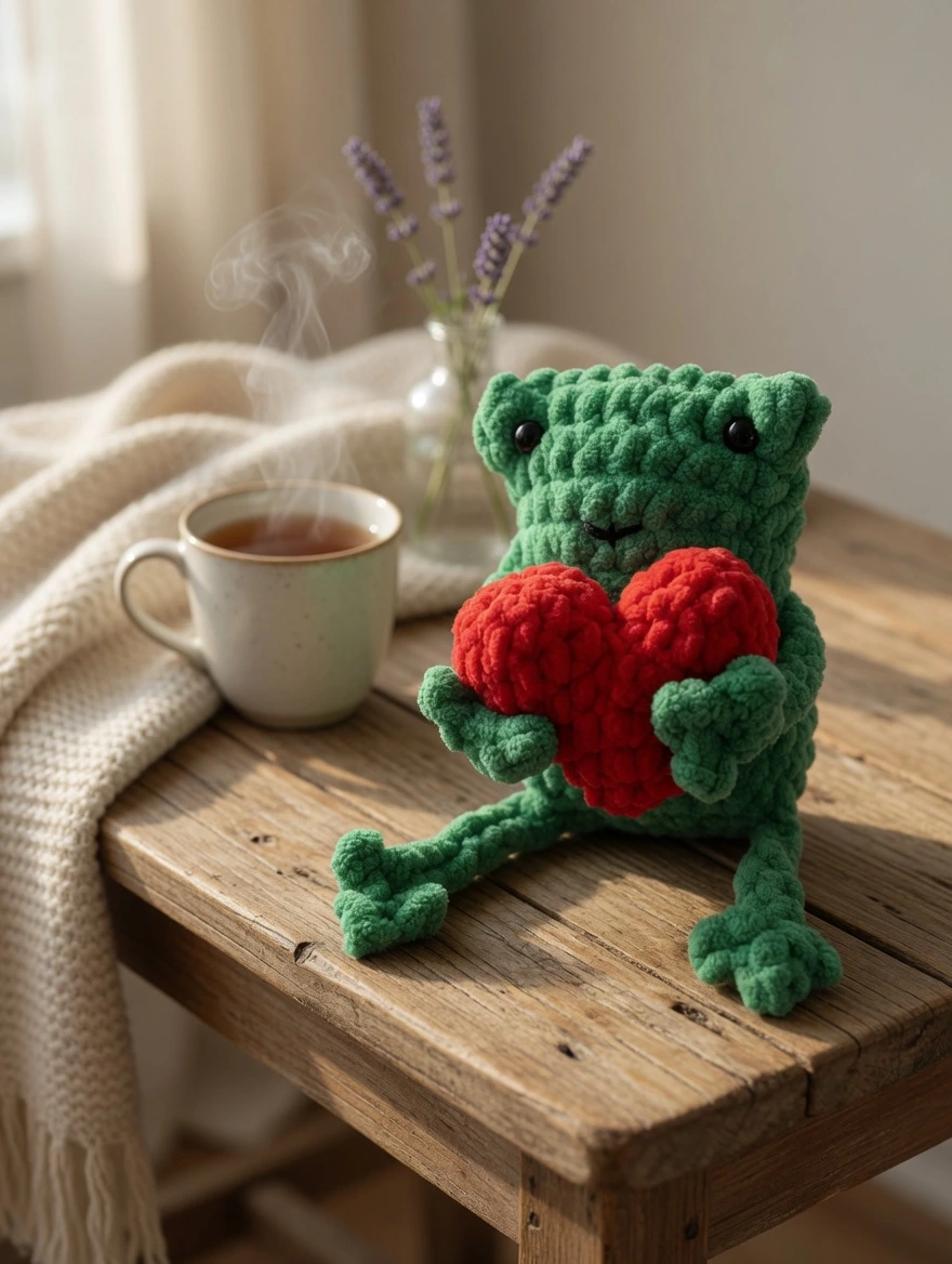 leggy frog crochet pattern free, no sew crochet frog, crochet frog keychain pattern, beginner amigurumi frog, crochet frog with heart