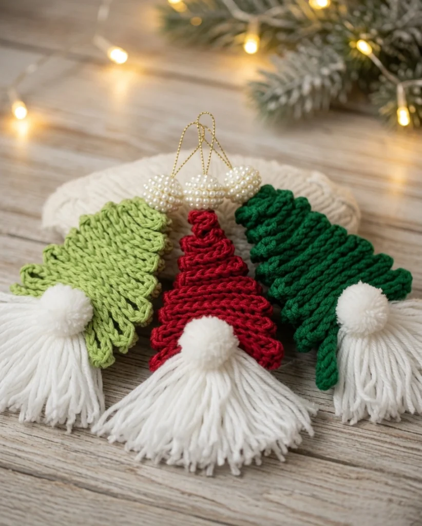easy crochet gnome, crochet christmas ornaments, holiday gnome decor