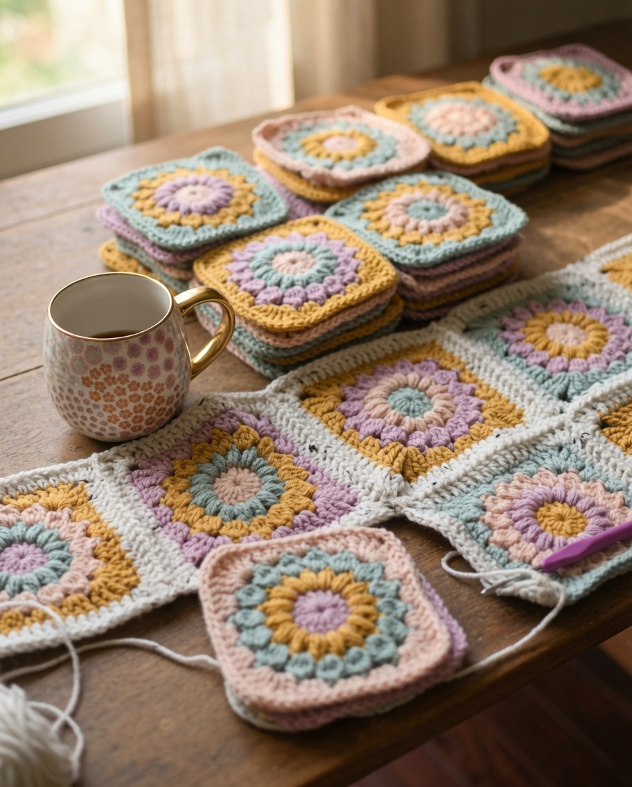 Crochet a cheerful sunburst granny square blanket with this free pattern! Includes color guide, special stitches, join-as-you-go tips, and border instructions.