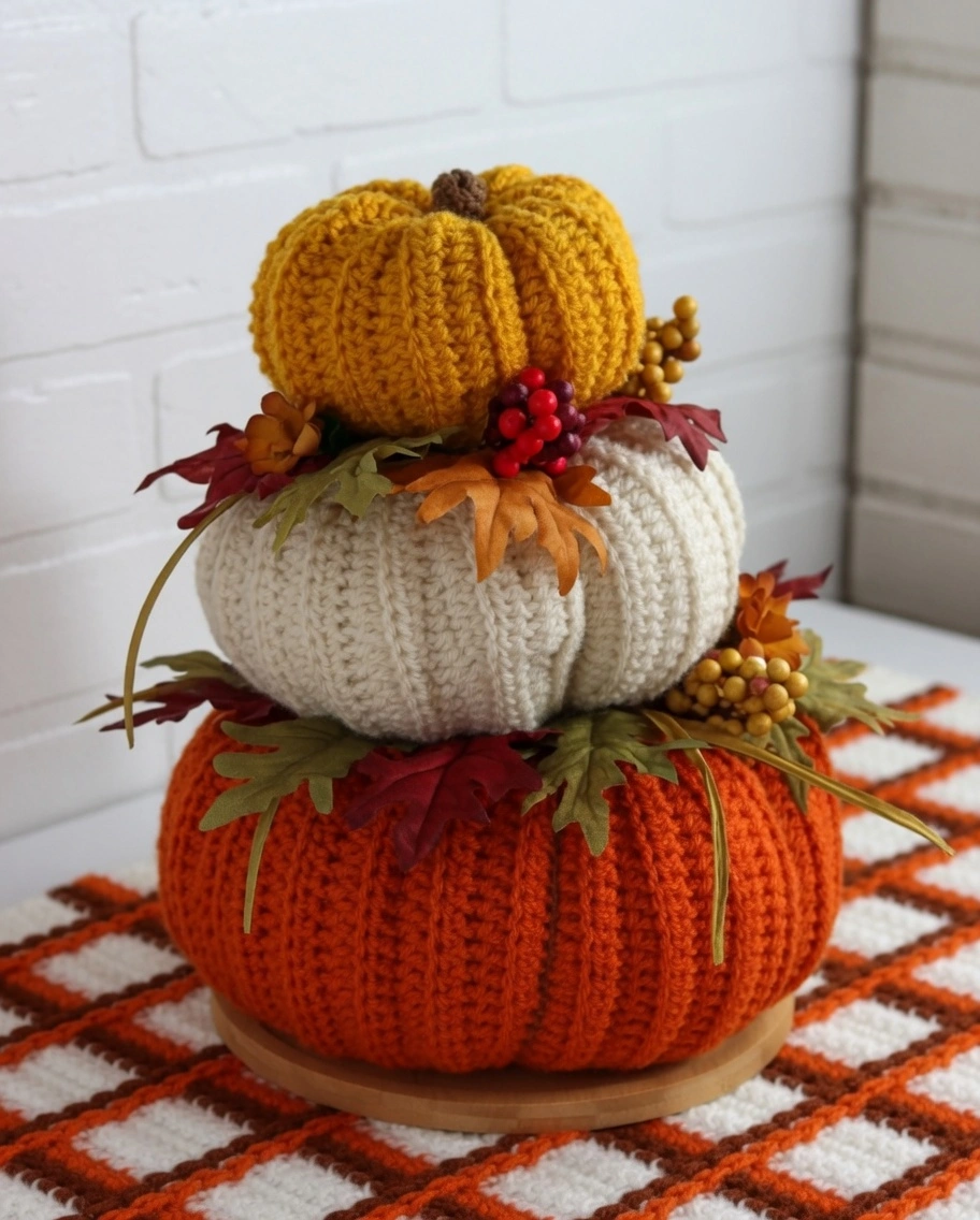 Create a stunning farmhouse-style fall crochet centerpiece with this free pattern! Learn how to make easy stacked crochet pumpkins perfect for autumn decor.


