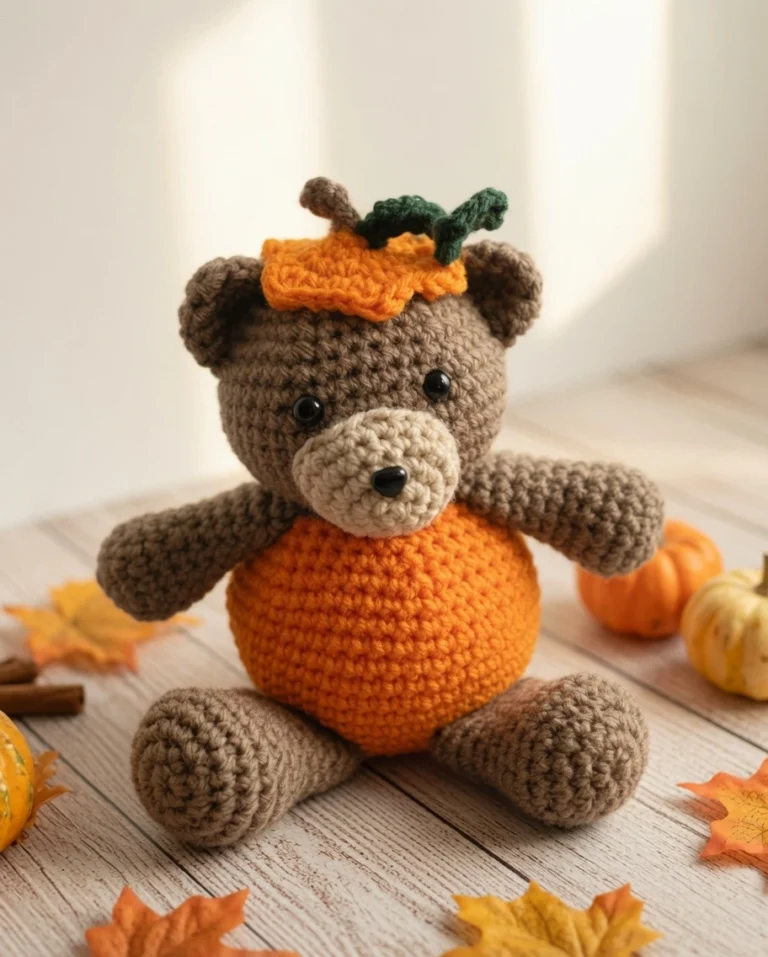 Learn how to crochet a pumpkin bear with this free amigurumi pattern. Perfect for fall decor, this cute bear features an orange pumpkin body and hat!