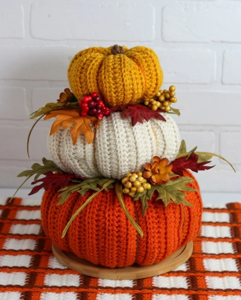 Create a stunning farmhouse-style fall crochet centerpiece with this free pattern! Learn how to make easy stacked crochet pumpkins perfect for autumn decor.