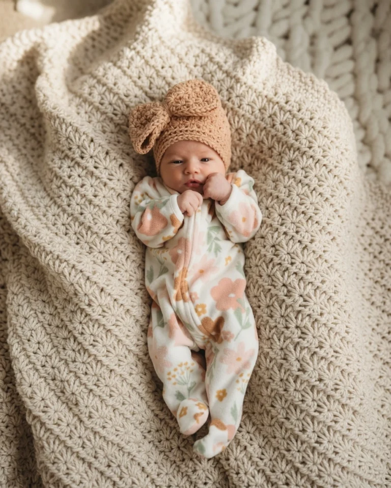 Make a cozy gift with this free star stitch crochet baby hat pattern. Features 8 sizes from preemie to child, plus optional bow and rose flower instructions.