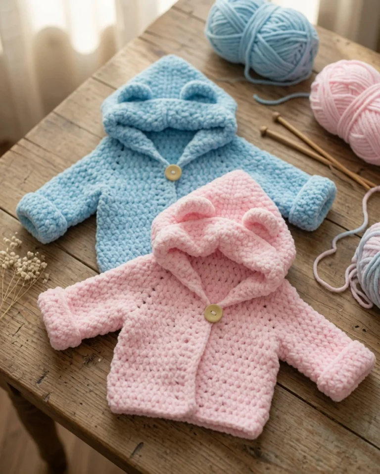 Crochet the adorable Snuggle Bear Kids Hoodie with this free pattern! Features cute bear ears, sizes newborn to 10 years, and simple beginner stitches.