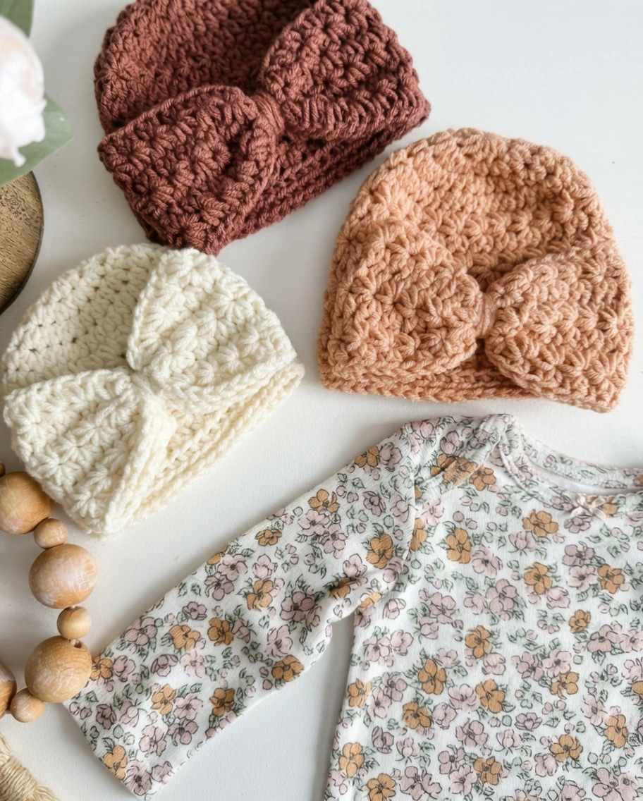 Make a cozy gift with this free star stitch crochet baby hat pattern. Features 8 sizes from preemie to child, plus optional bow and rose flower instructions.