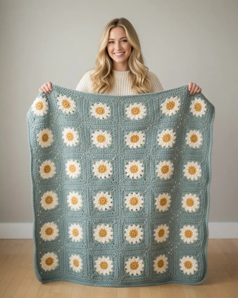 Brighten your home with this free chunky daisy blanket pattern! Learn how to crochet these easy granny squares using bulky yarn for a cozy, quilted look.
