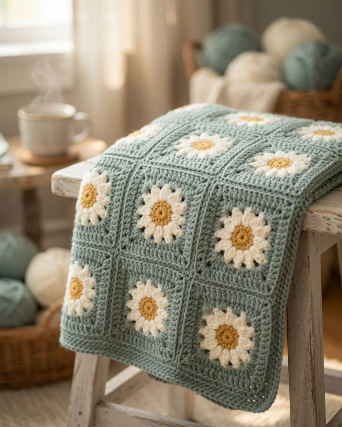 Brighten your home with this free chunky daisy blanket pattern! Learn how to crochet these easy granny squares using bulky yarn for a cozy, quilted look.