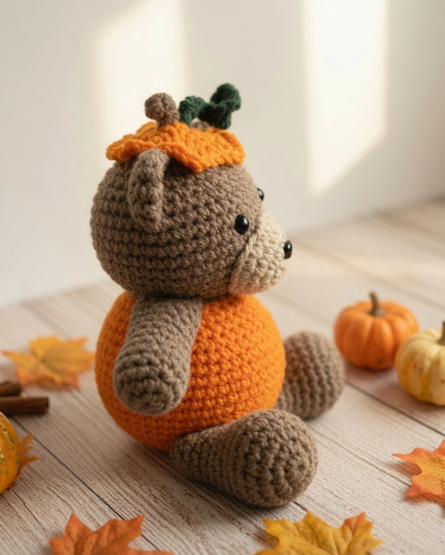 Learn how to crochet a pumpkin bear with this free amigurumi pattern. Perfect for fall decor, this cute bear features an orange pumpkin body and hat!


