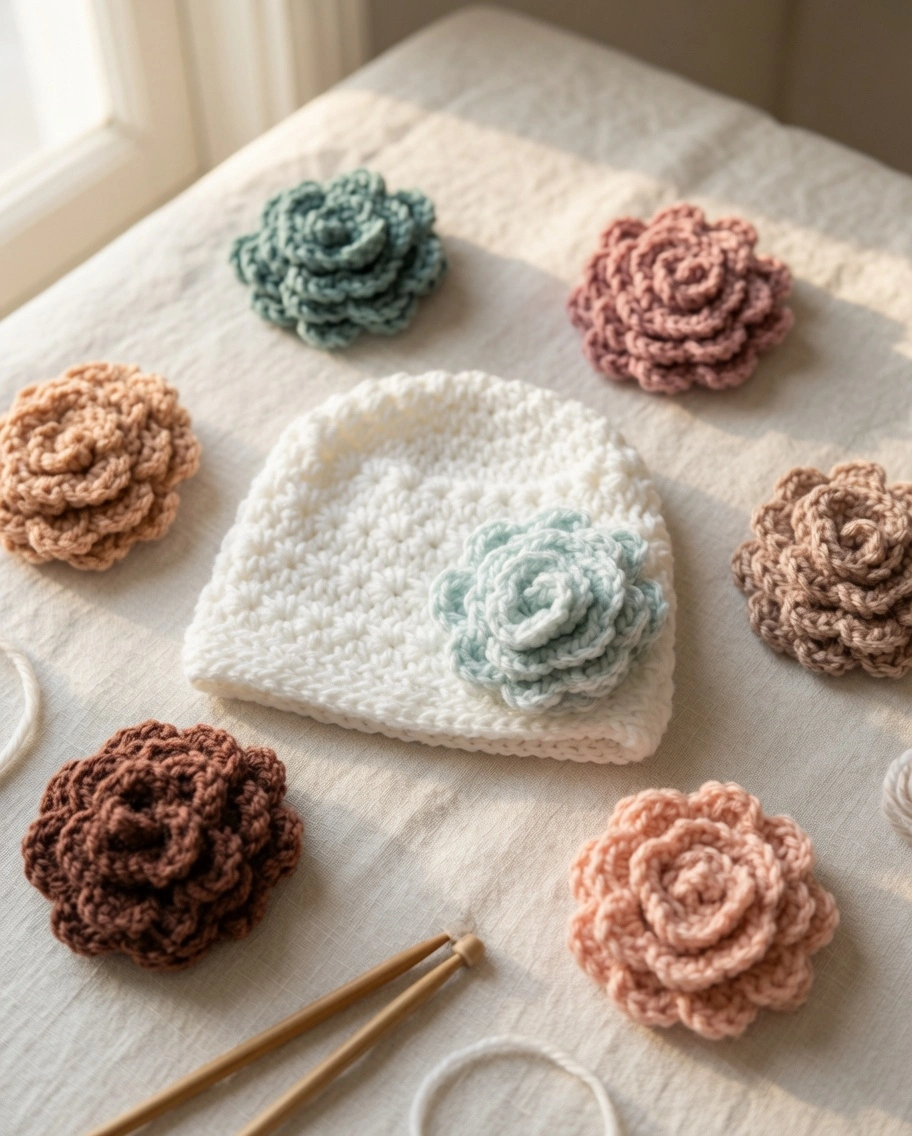 Make a cozy gift with this free star stitch crochet baby hat pattern. Features 8 sizes from preemie to child, plus optional bow and rose flower instructions.