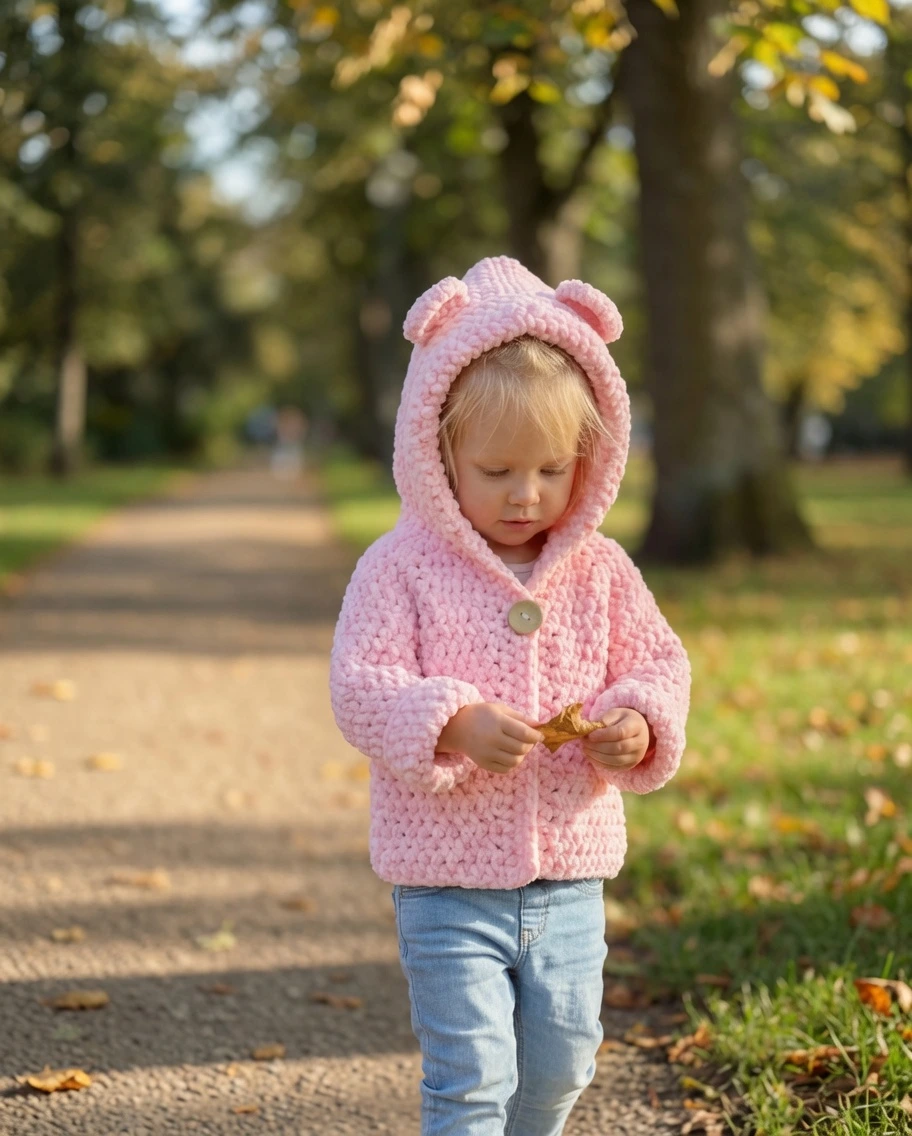 Crochet the adorable Snuggle Bear Kids Hoodie with this free pattern! Features cute bear ears, sizes newborn to 10 years, and simple beginner stitches.