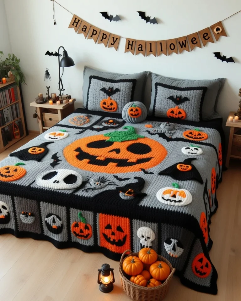 spooky crochet blanket, pumpkin ghost applique, free halloween afghan