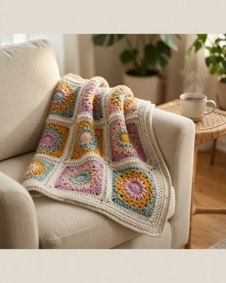 Crochet a cheerful sunburst granny square blanket with this free pattern! Includes color guide, special stitches, join-as-you-go tips, and border instructions.