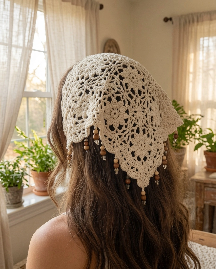 crochet bandana pattern free, lace crochet triangle bandana, beaded fringe crochet pattern
