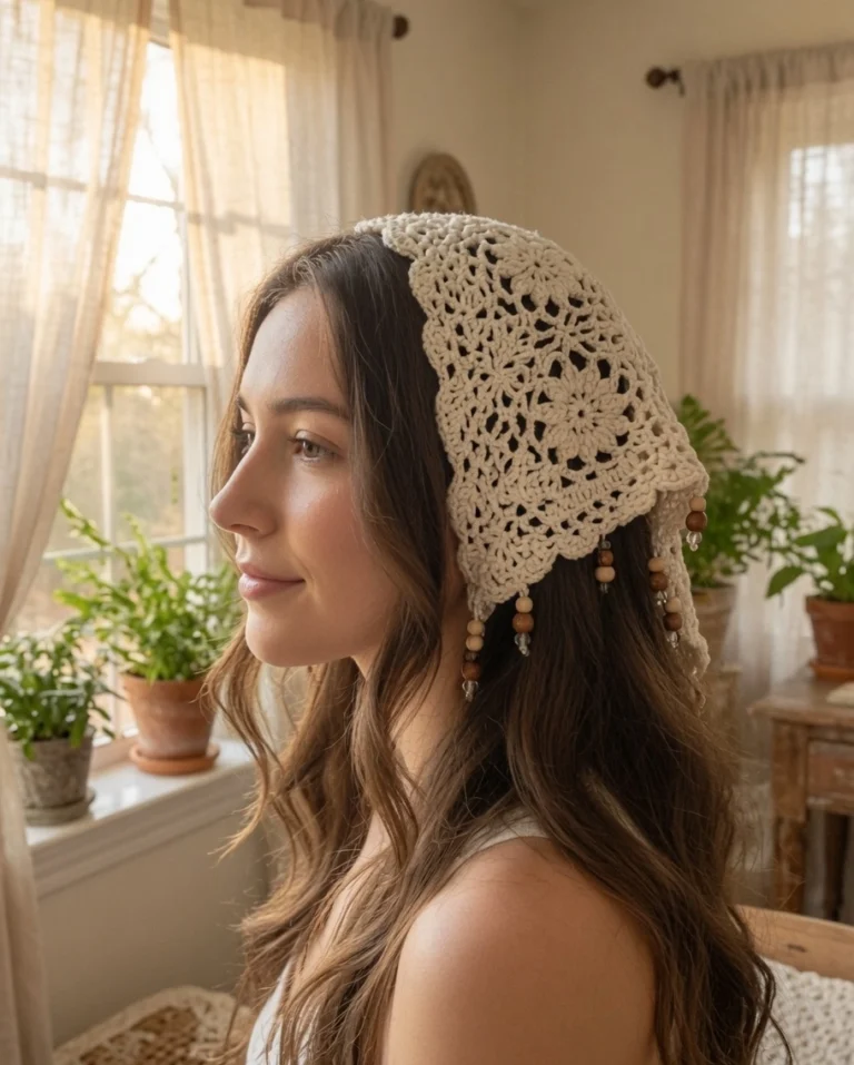 crochet bandana pattern free, lace crochet triangle bandana, beaded fringe crochet pattern