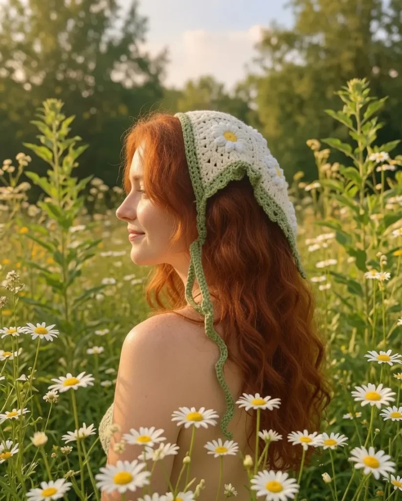 daisy granny square hair kerchief