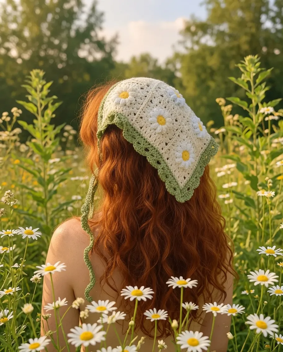 daisy granny square hair kerchief