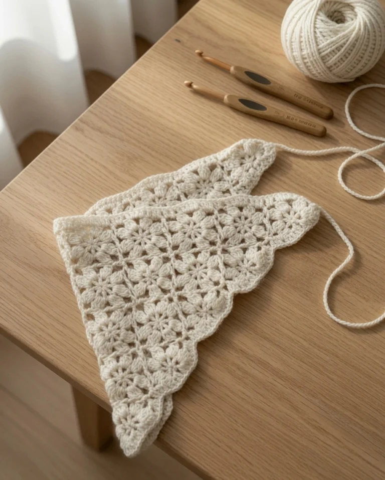 Make a modern crochet bandana with this free floral motif pattern. Easy step-by-step instructions for a fresh, minimal handmade accessory.