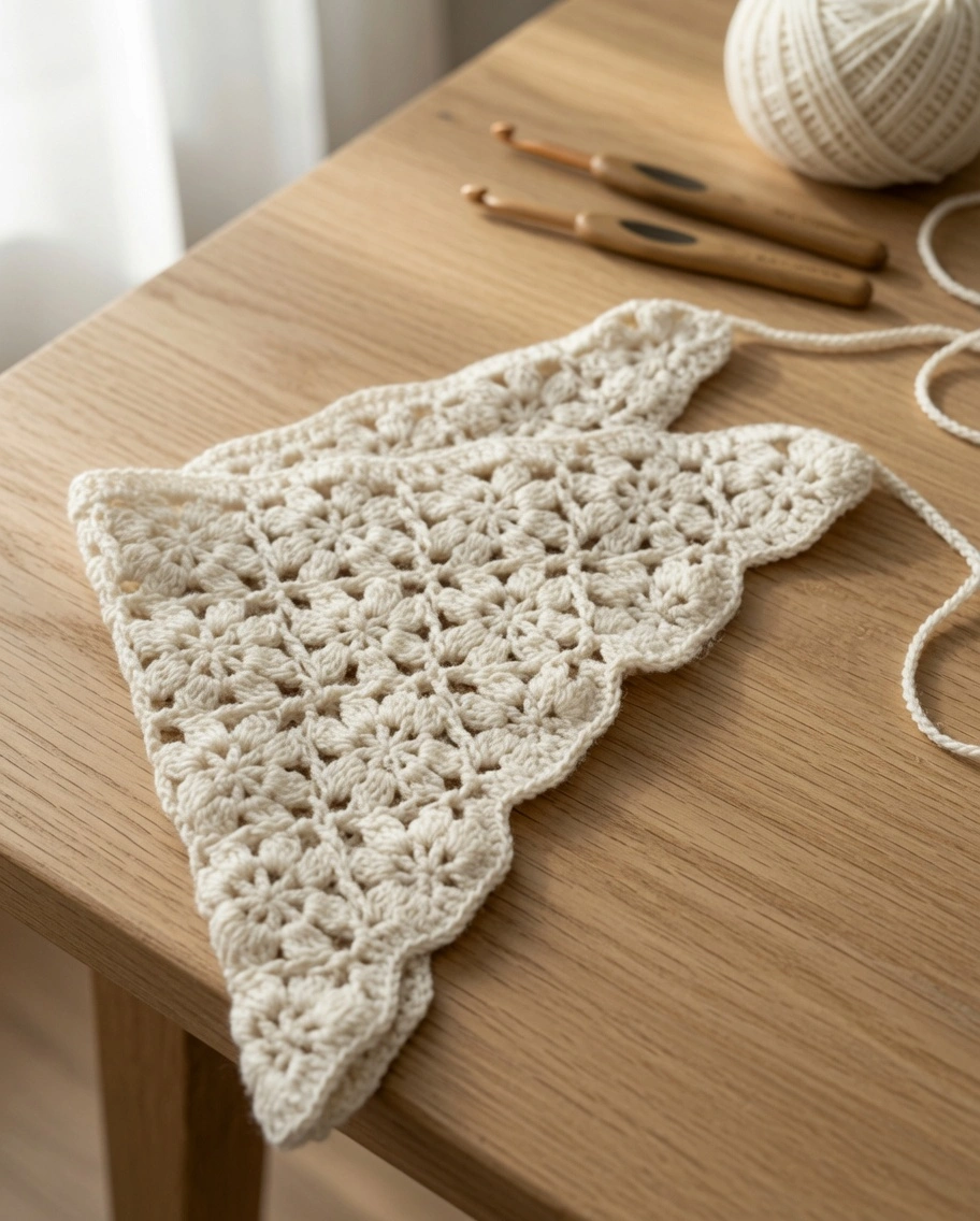 Make a modern crochet bandana with this free floral motif pattern. Easy step-by-step instructions for a fresh, minimal handmade accessory.