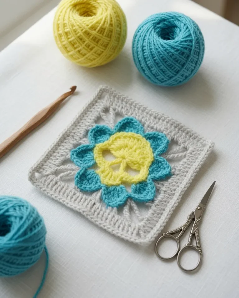 skull and flower granny square