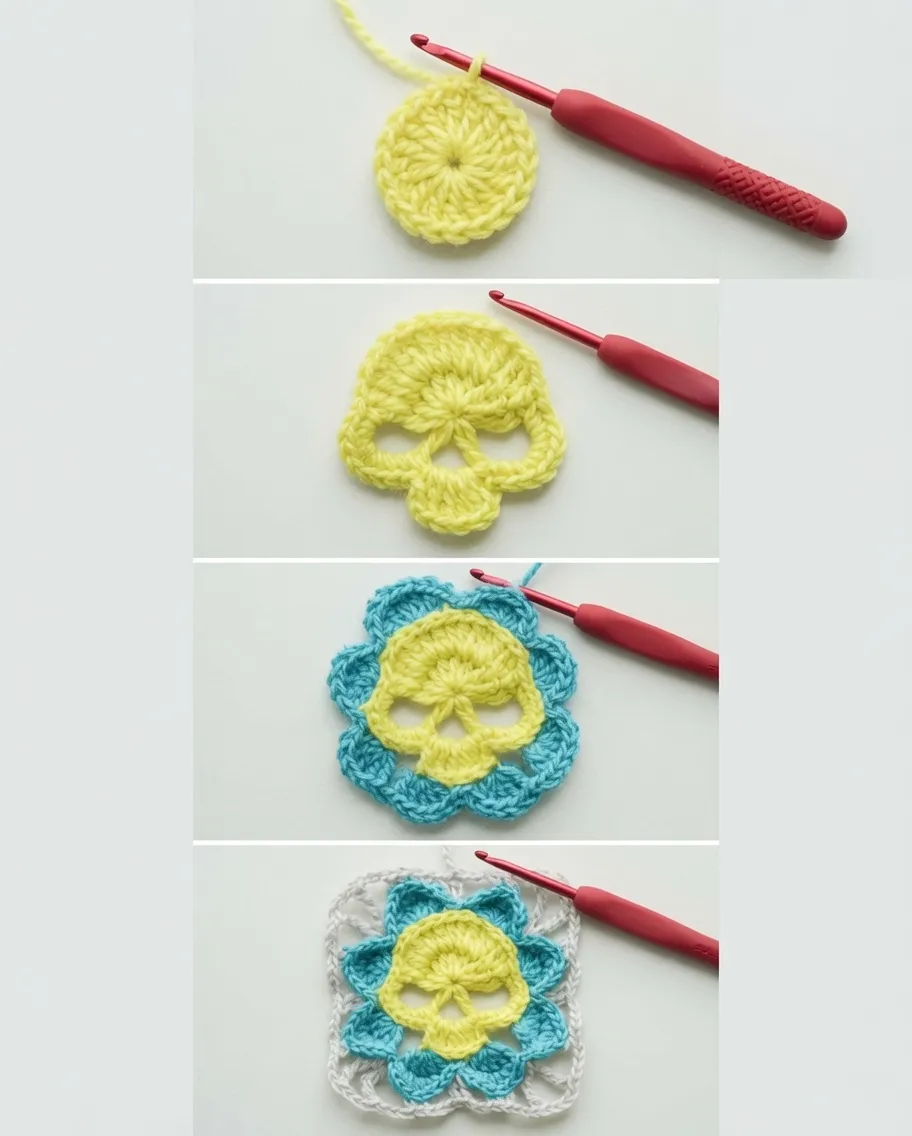 skull and flower granny square