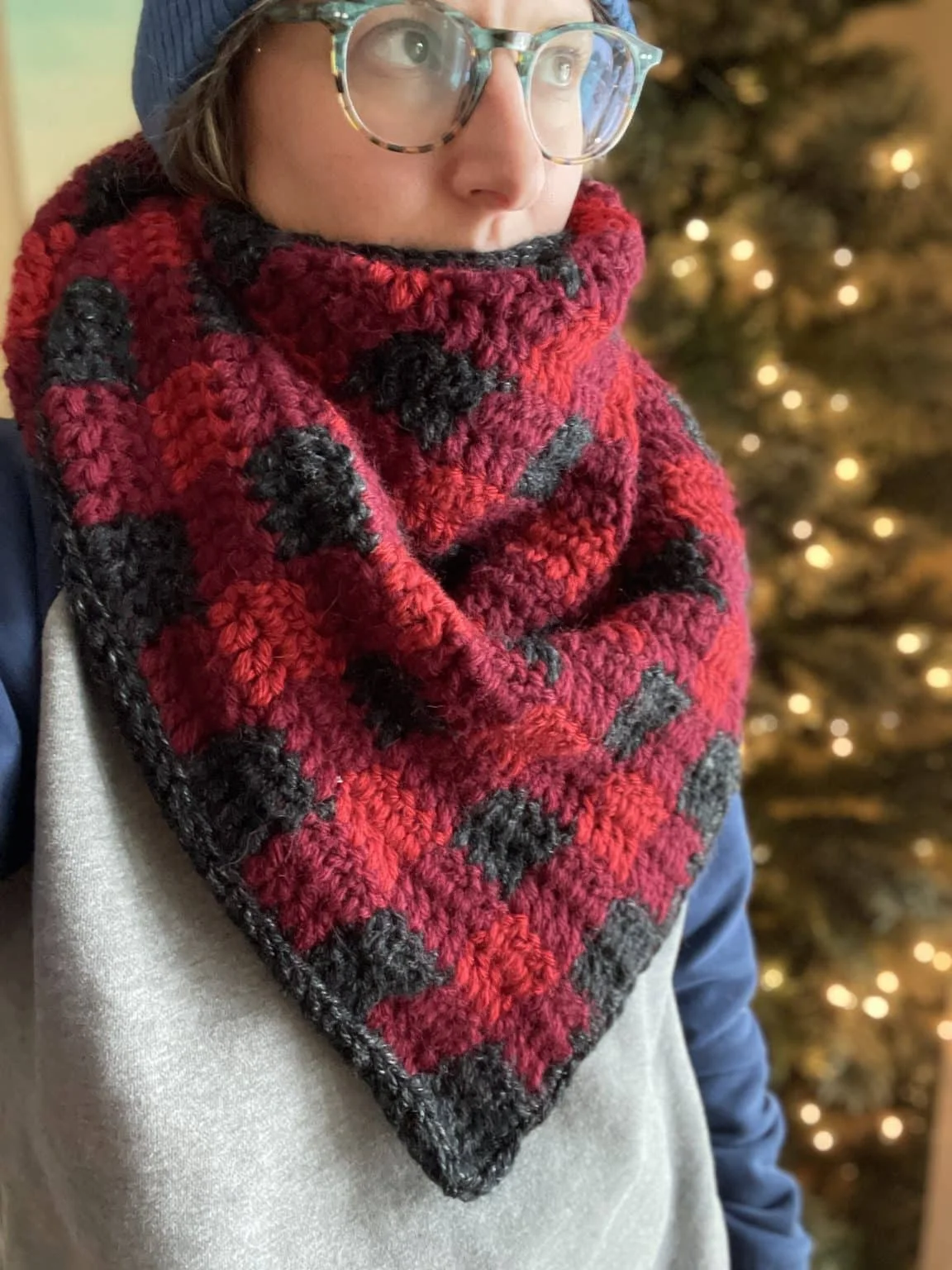 Crochet Plaid Triangle Scarf