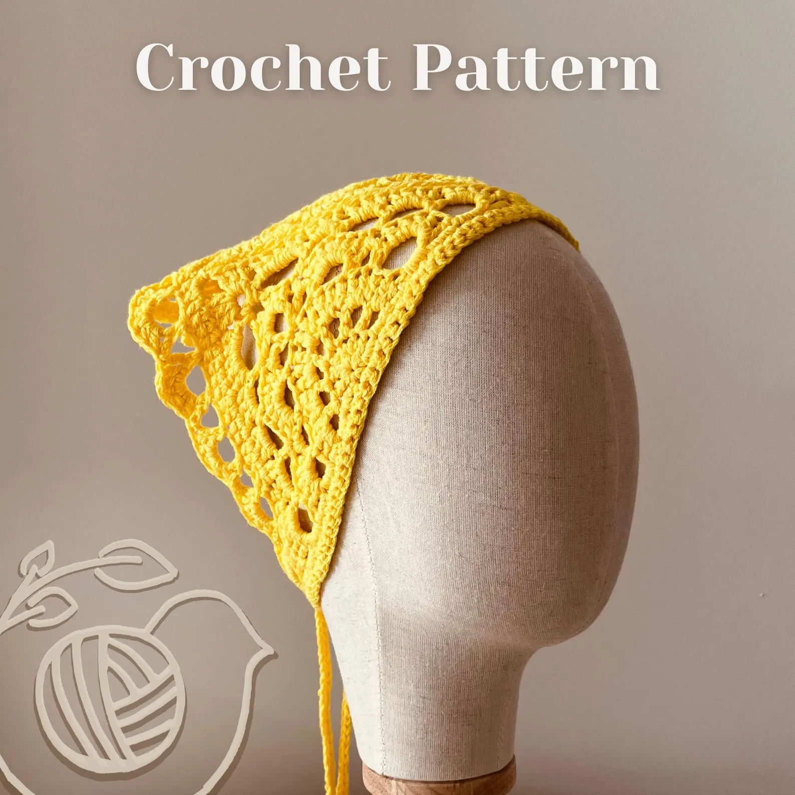 Model wearing a lemon yellow crochet headscarf tied in a kerchief style demonstrating how to style the handmade accessory.