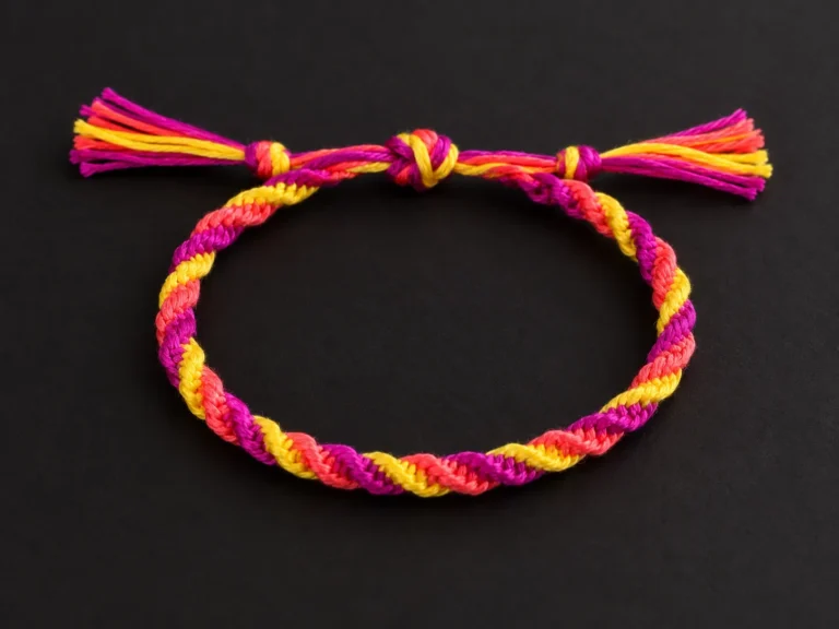 Finished colorful spiral friendship bracelet made with purple, coral pink, and yellow embroidery floss