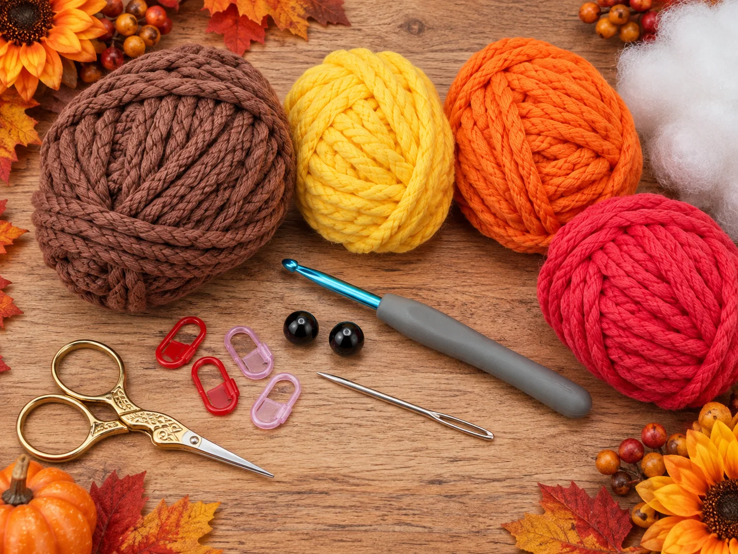 Crochet beak, red wattle and two yellow feet for the Mini Turkey Squish Thanksgiving turkey