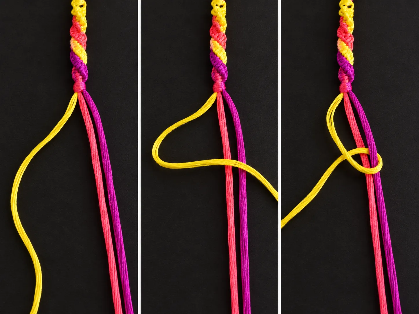 Tying the yellow embroidery floss around the other strands for the second spiral bracelet color