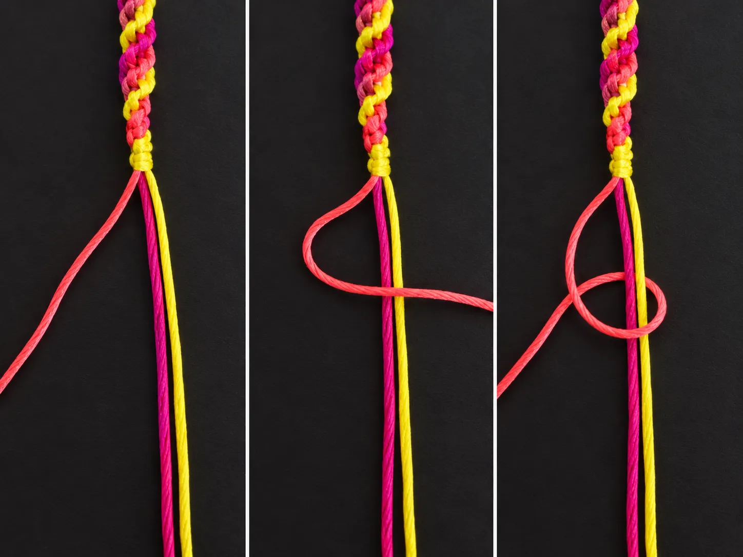 Tying the coral pink embroidery floss to create the third color section of the spiral bracelet