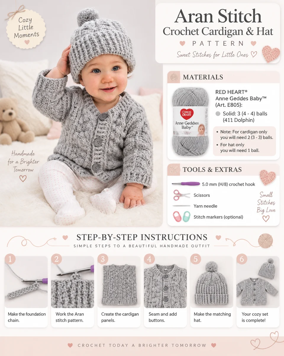 Aran-Style Crochet Cardigan and Hat Pattern
