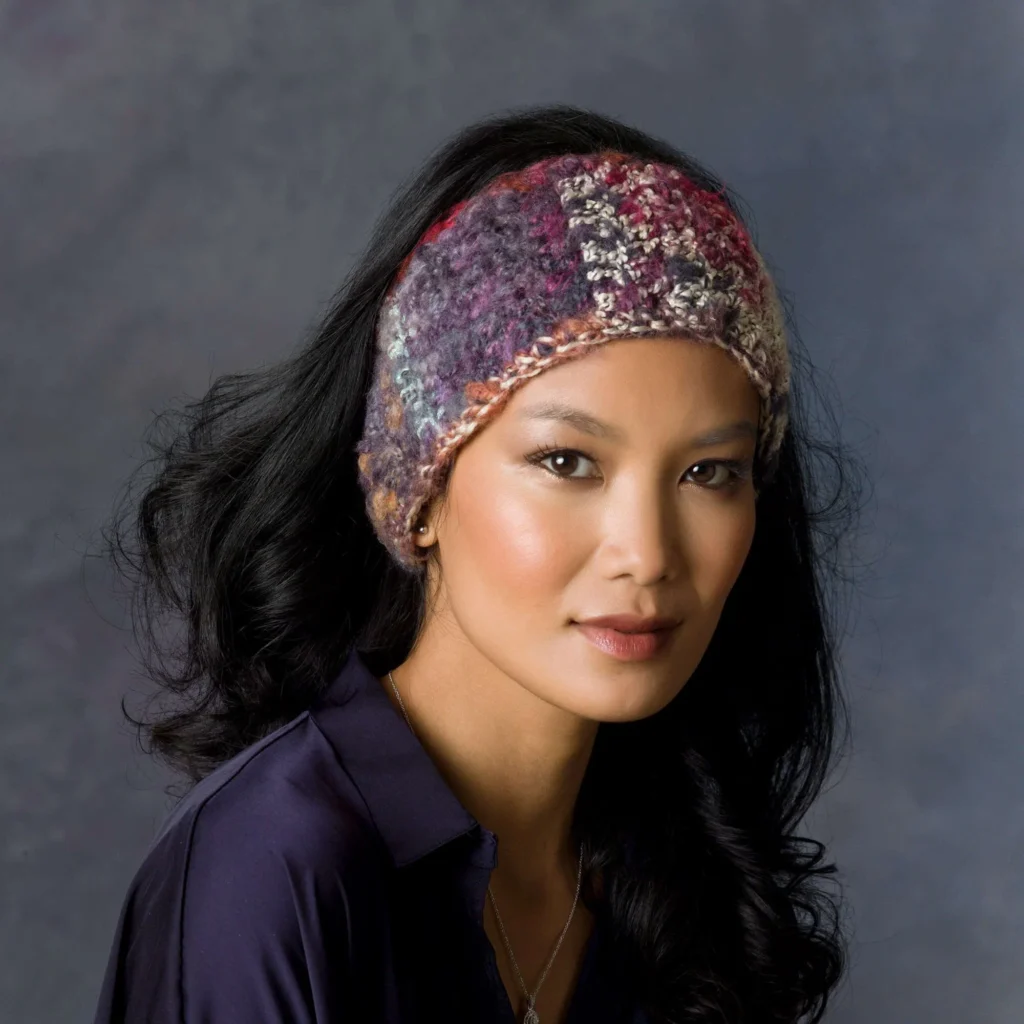Artsy mosaic crochet headband pattern showcasing vibrant colors and intricate designs.