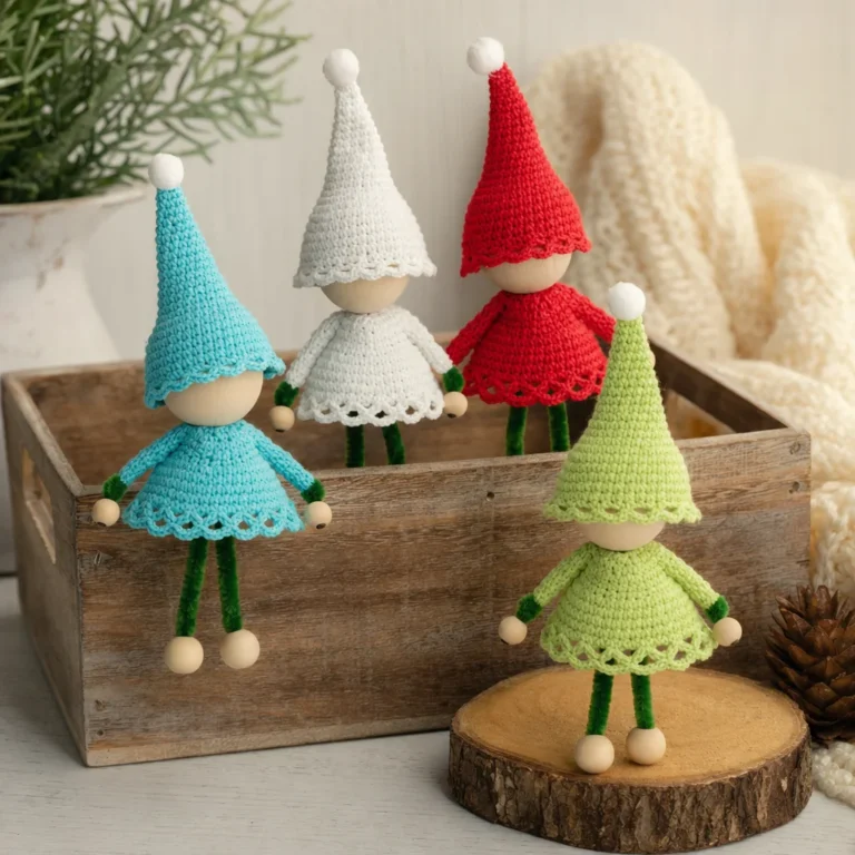 Aunt Lydia's Tree Elves crochet pattern featuring holiday-themed decorations.