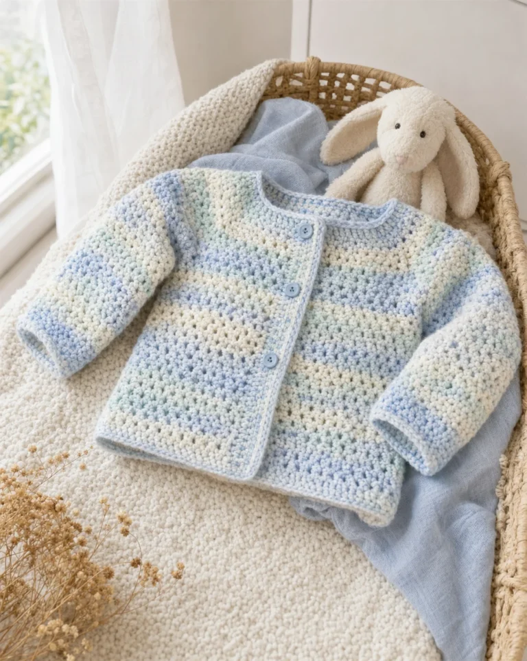 Baby wearing a cozy crochet cardigan made from a beginner-friendly pattern.