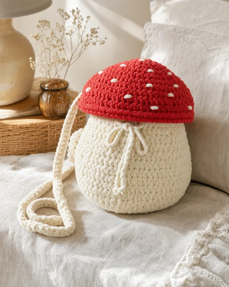 Crochet purse tutorial featuring a bag of mushrooms design.