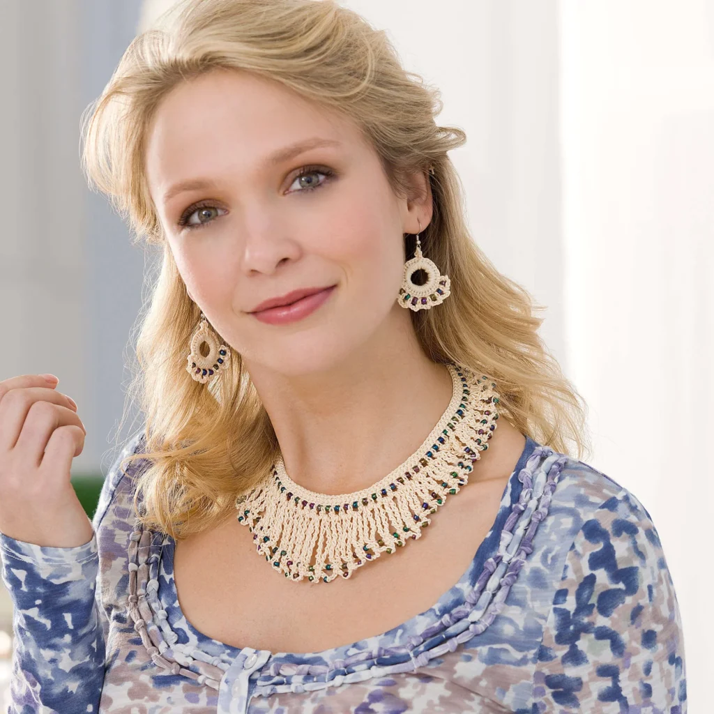 Beaded crochet necklace and earrings pattern featuring intricate designs.