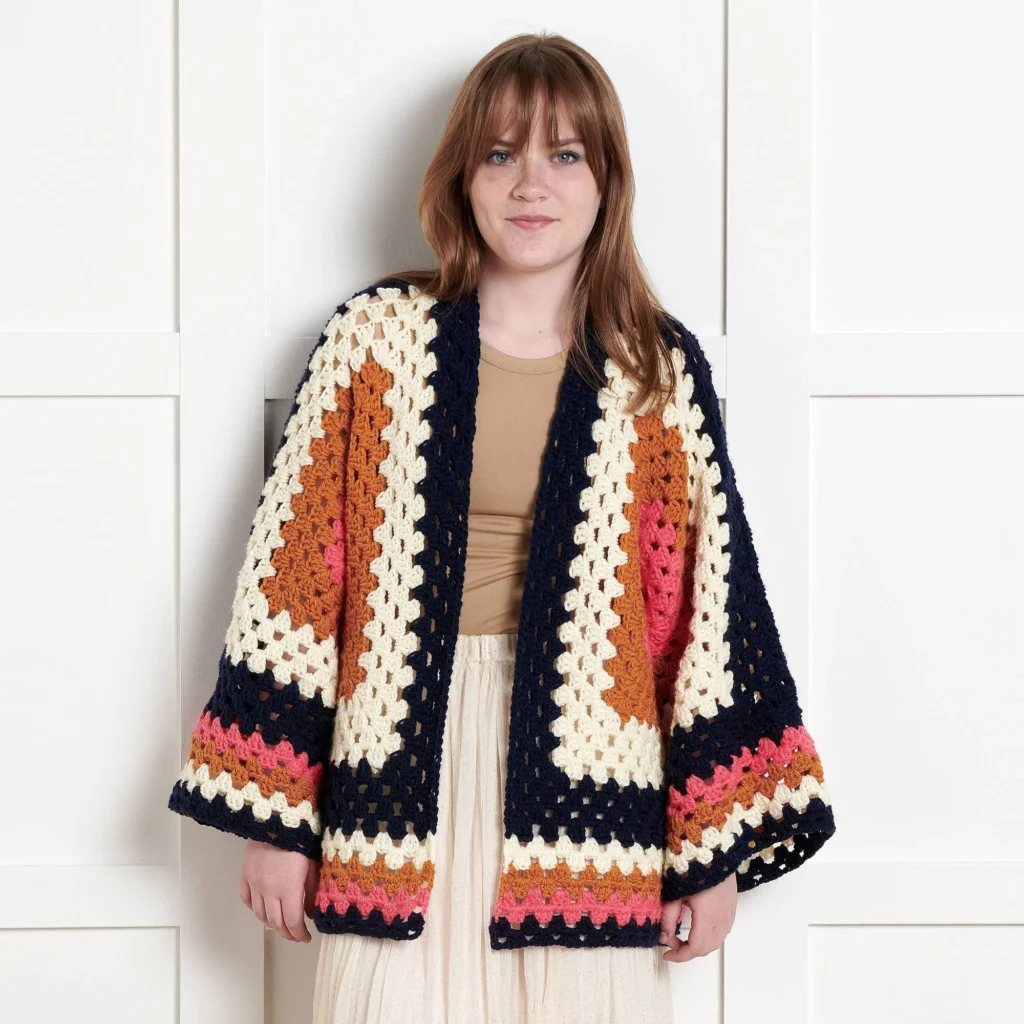 Beginner crocheter creating a stylish Hexi-Cardi using the Both Sides Now pattern.