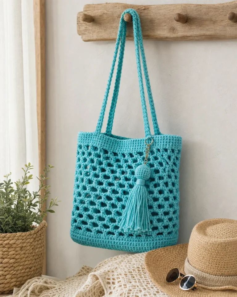 Crochet market bag pattern designed for beginners with colorful yarn.