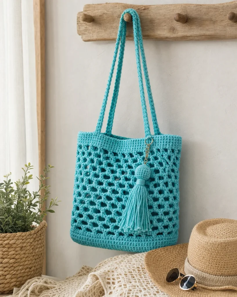 Crochet market bag pattern designed for beginners with colorful yarn.