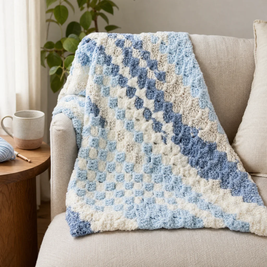 Block Party crochet blanket pattern with vibrant colors and unique block design.