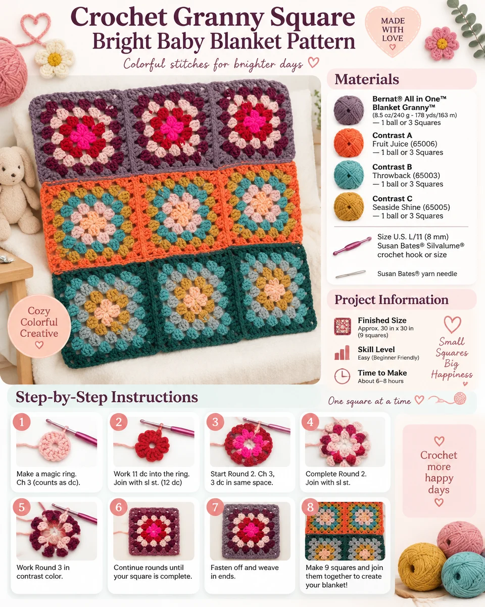 Bright Crochet Granny Square Baby Blanket Pattern
