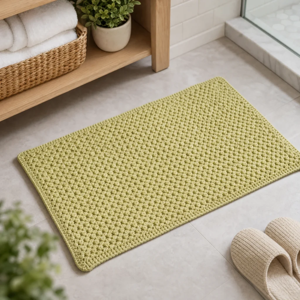 Bubble-Stitch crochet bathmat pattern showcasing textured design and vibrant colors.