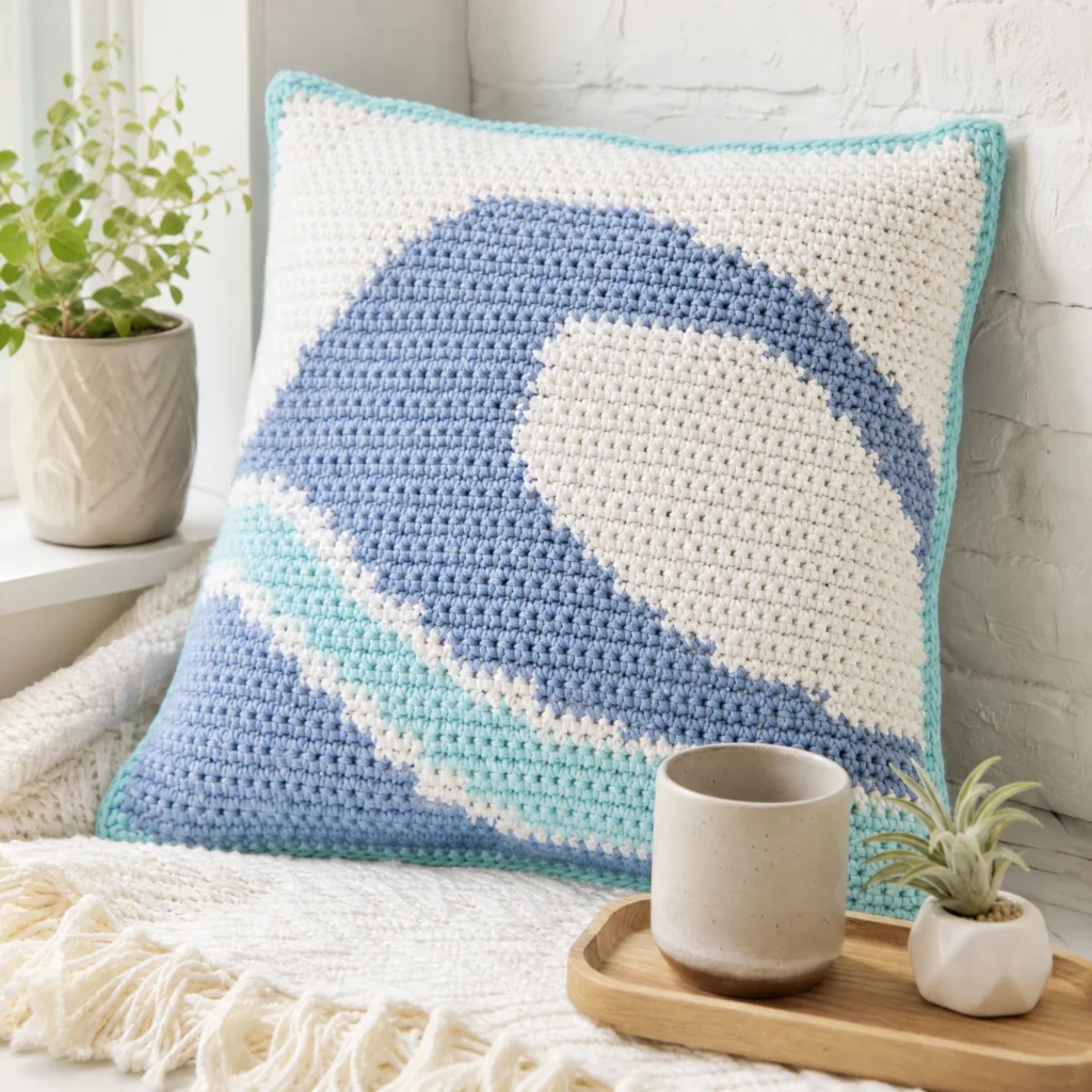 Catch a Wave Crochet Pillow Pattern showcasing a stylish wave design