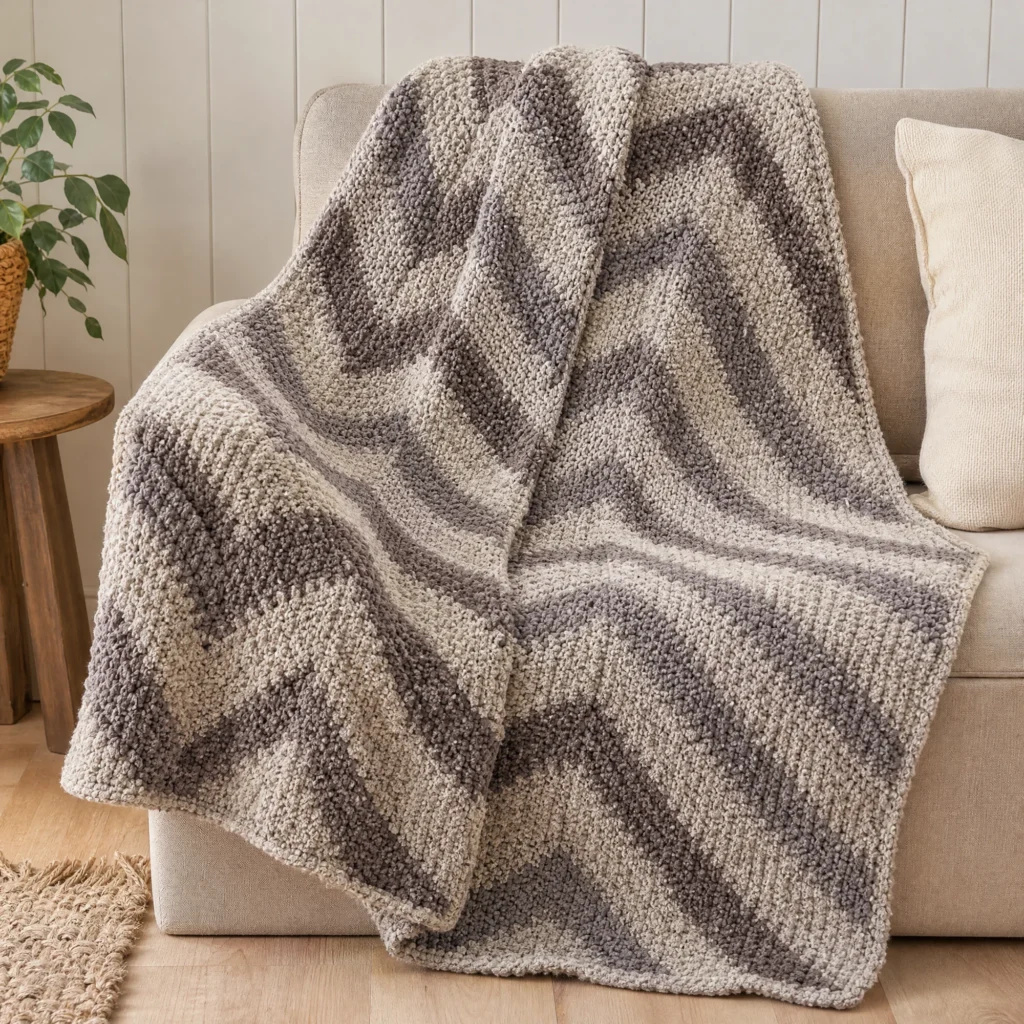 Chevron panels crochet blanket showcasing vibrant patterns and textures.