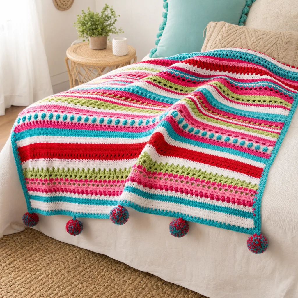 Christmas Morning Stripe crochet throw pattern featuring festive stripes.
